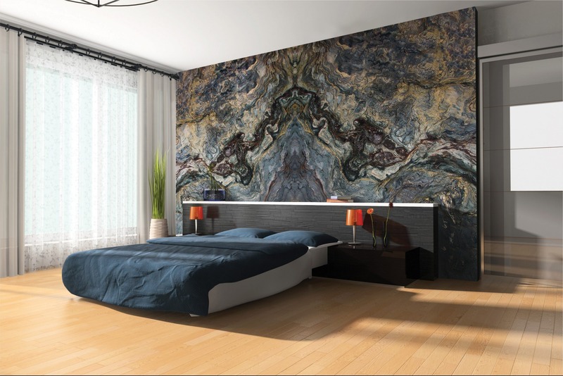 Marbled accent wall covering in a bedroom