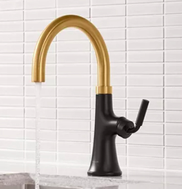 Kohler bar faucet with brass neck and black base with handle