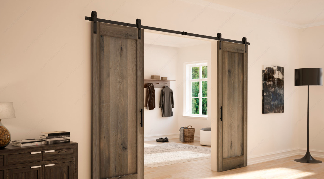 Richelieu double sliding barn doors in aged oak