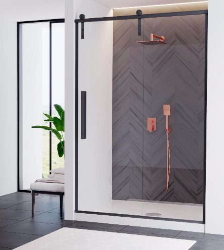 Coastal Shower Doors, sliding shower door with a black frame